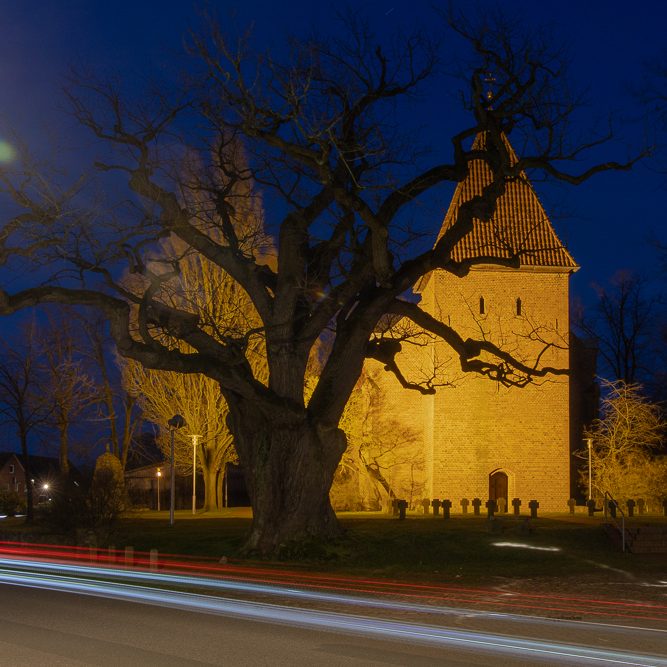 "Tausendjährige" Eiche in Hittbergen. Historisches Gebäude bei Nacht, umgeben von Bäumen und Lichtern, Straßenverkehr im Vordergrund.